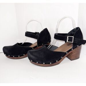 Korks Evah Clog Chunky Wood Block Heel Black Suede Leather Studded Strap Y2K 9.5